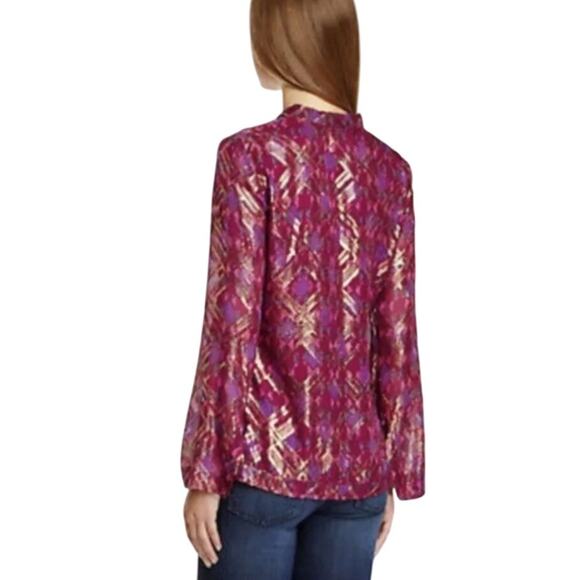 Tory Burch Lame Plaid Chiffon Silk Tunic Top Pink Hastings Size 8 - Picture 2 of 10